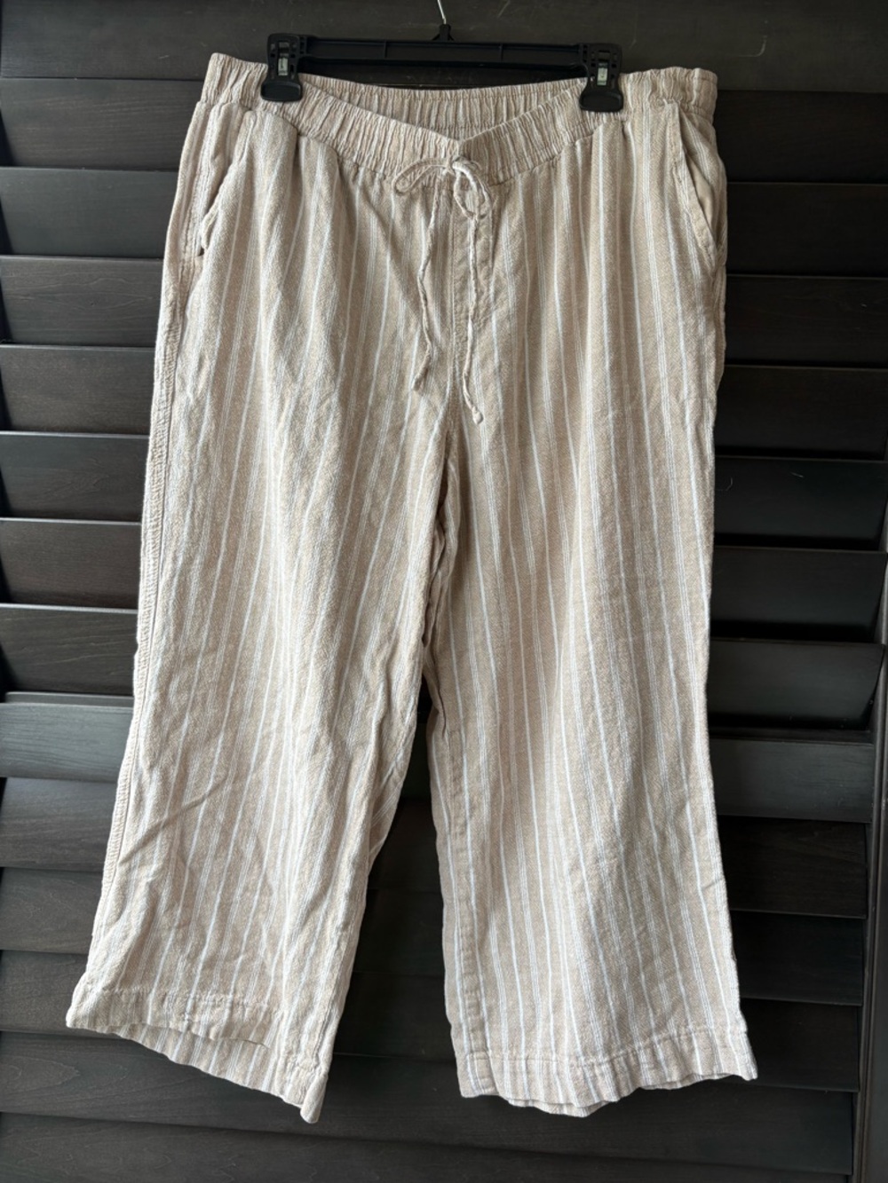 Briggs XL Tan White Stripe Pull On Linen Blend Pants Beachy Crop Wide Leg